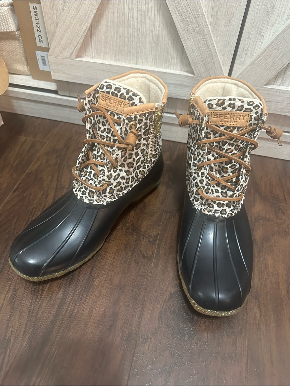 Sperry Black & Leopard-Print Waterproof Duck Boots